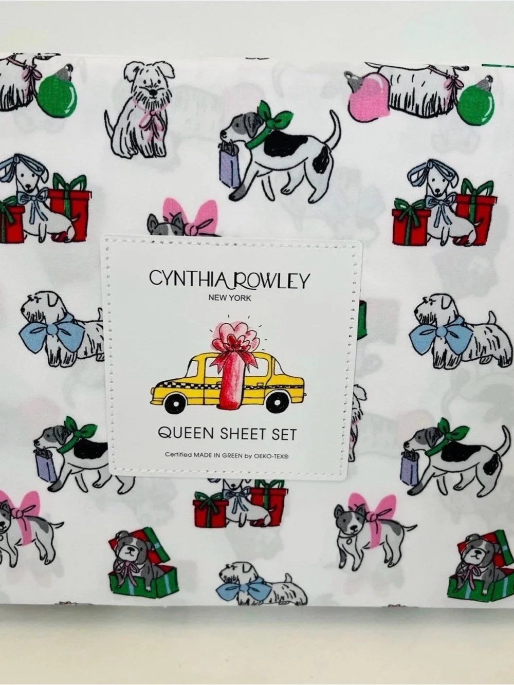 Cynthia Rowley Puppy Cheer Queen Size Sheet Set Presents Bows Ornaments Gifts